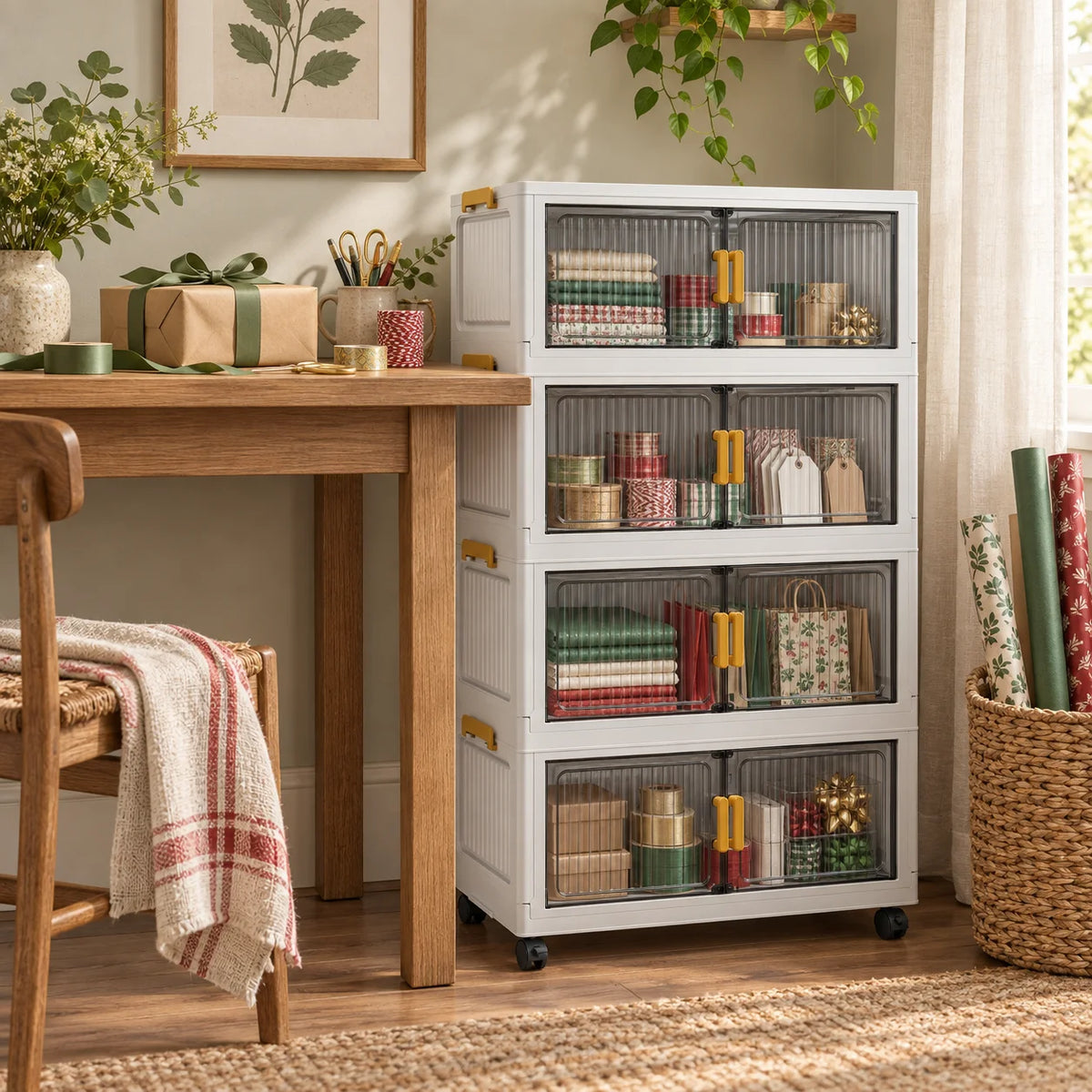 Rolling Storage Cabinet with Smoky Translucent Double Doors, 3–6 Tier Foldable Organizer with Wheels for Gift Wrap, Crafts, Home Office, Bedroom and Living Room