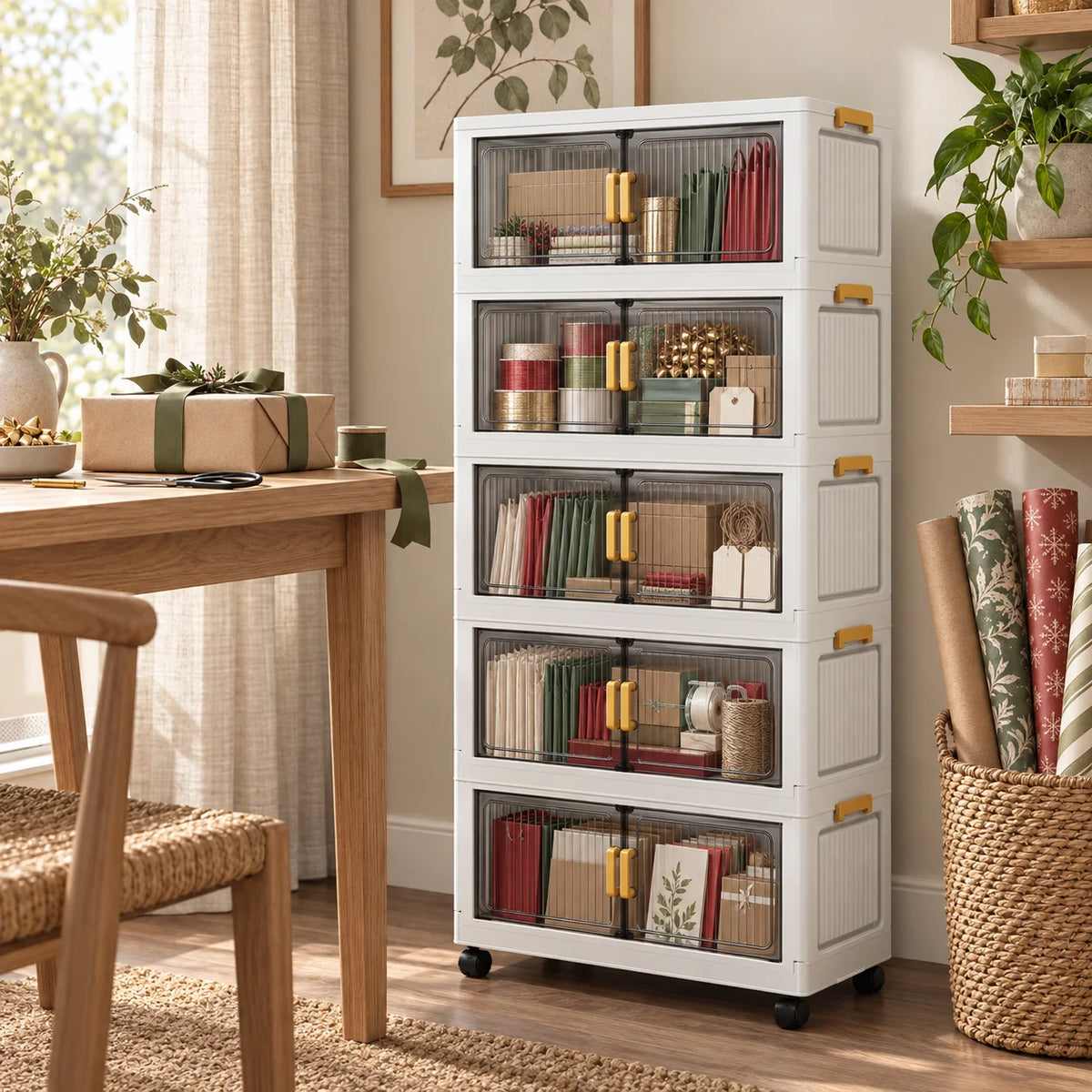 Rolling Storage Cabinet with Smoky Translucent Double Doors, 3–6 Tier Foldable Organizer with Wheels for Gift Wrap, Crafts, Home Office, Bedroom and Living Room
