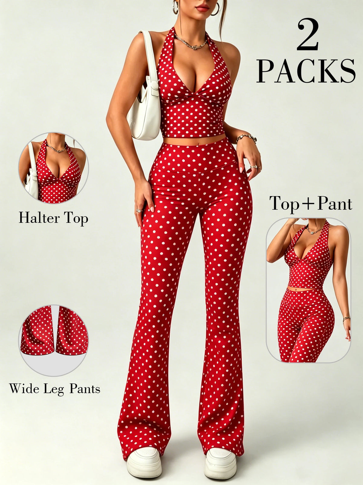 2Packs Women Y2K Polka Dot Matching Set Halter V Neck Crop Top High Waist Flare Pants Lounge Party Outfit