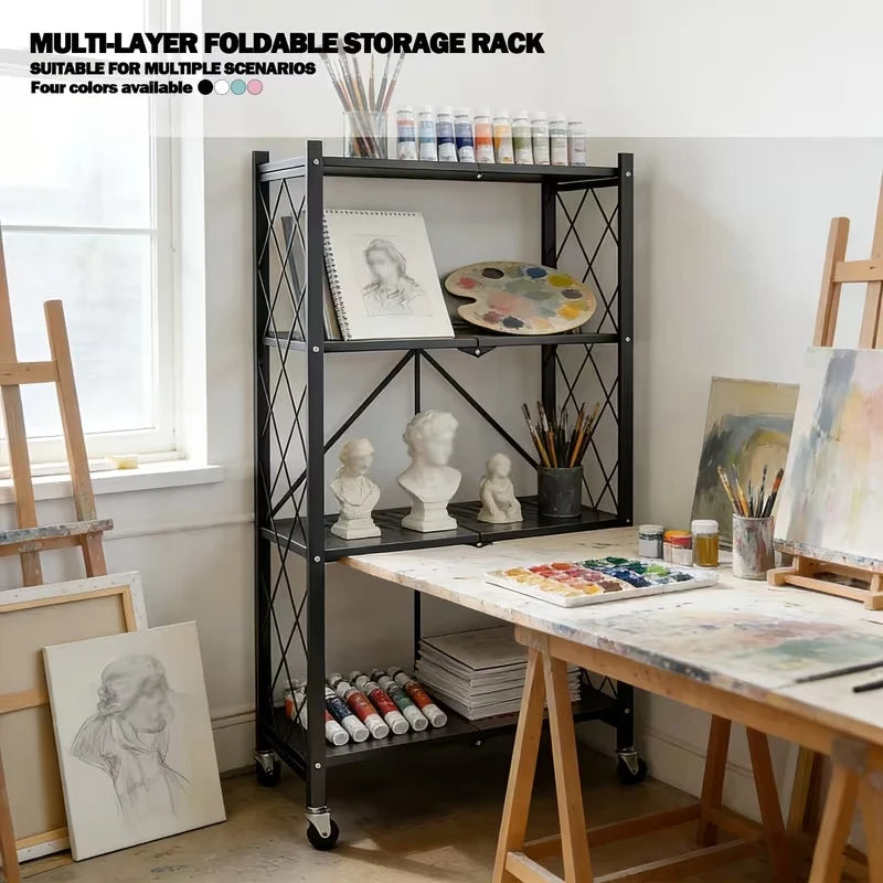 Foldable Storage Shelf with Wheels, No Assembly Metal Rolling Storage Rack, Collapsible Utility Organizer Shelving Unit for Kitchen Bedroom Living Room