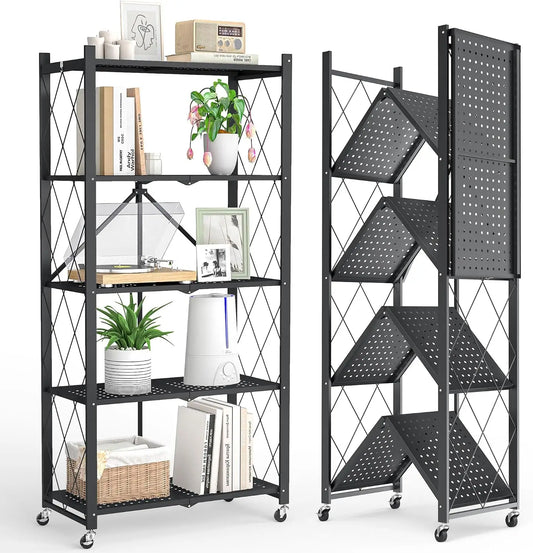 Foldable Storage Shelf with Wheels, No Assembly Metal Rolling Storage Rack, Collapsible Utility Organizer Shelving Unit for Kitchen Bedroom Living Room