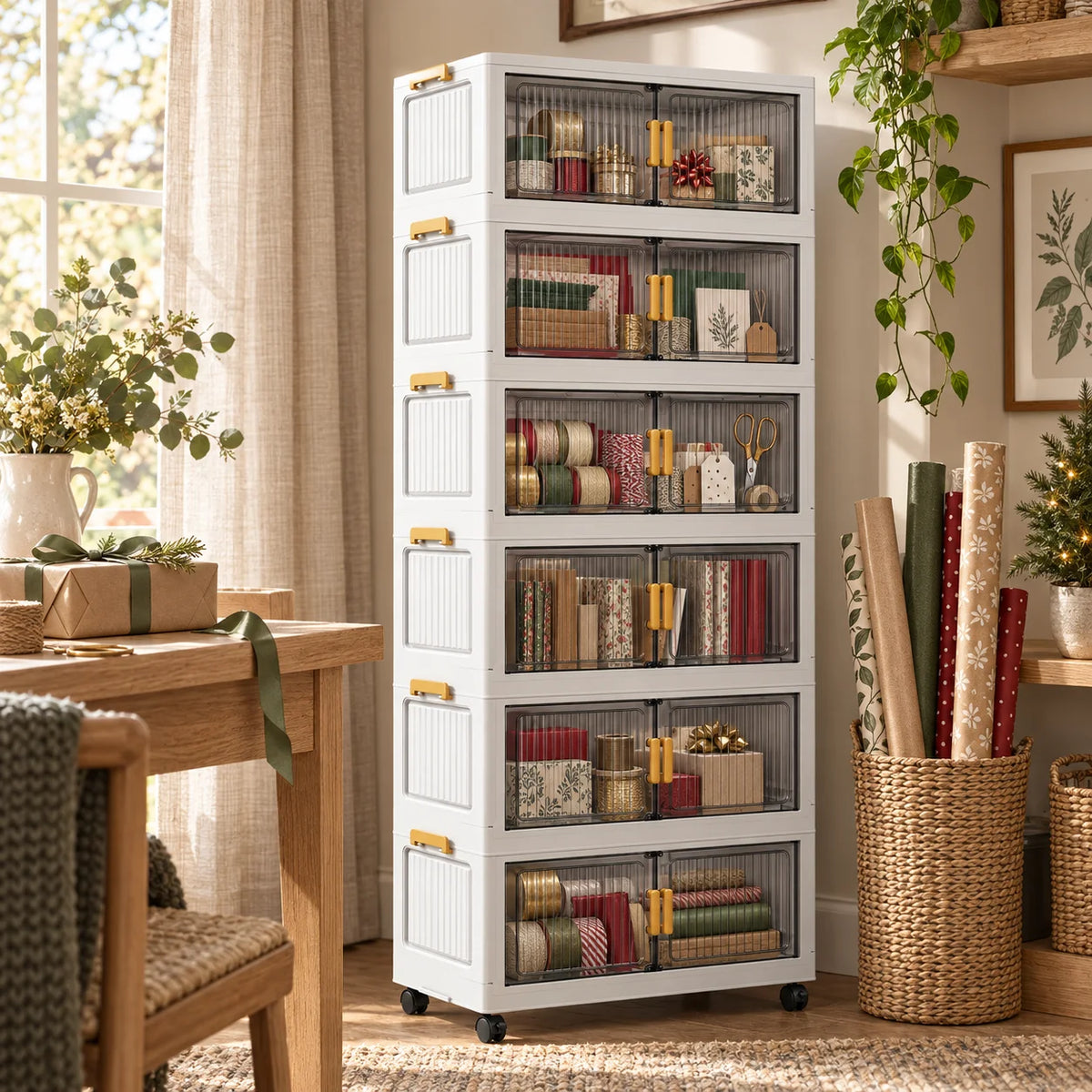 Rolling Storage Cabinet with Smoky Translucent Double Doors, 3–6 Tier Foldable Organizer with Wheels for Gift Wrap, Crafts, Home Office, Bedroom and Living Room