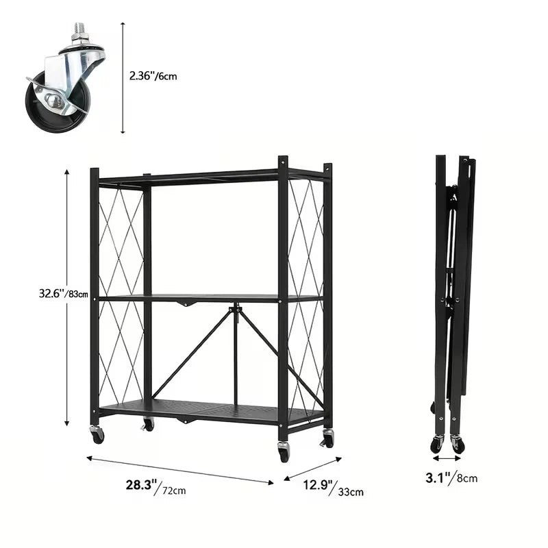 Foldable Storage Shelf with Wheels, No Assembly Metal Rolling Storage Rack, Collapsible Utility Organizer Shelving Unit for Kitchen Bedroom Living Room
