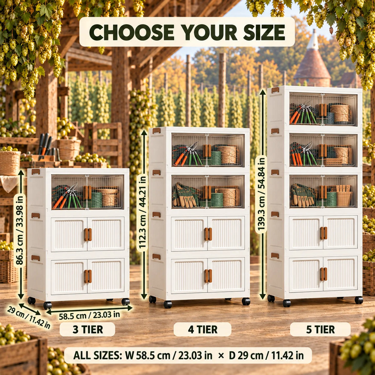 White Foldable Rolling Storage Cabinet with Double Doors, 3/4/5-Tier Organizer for Gardening Tools, Craft Supplies, Utility Room & Workshop