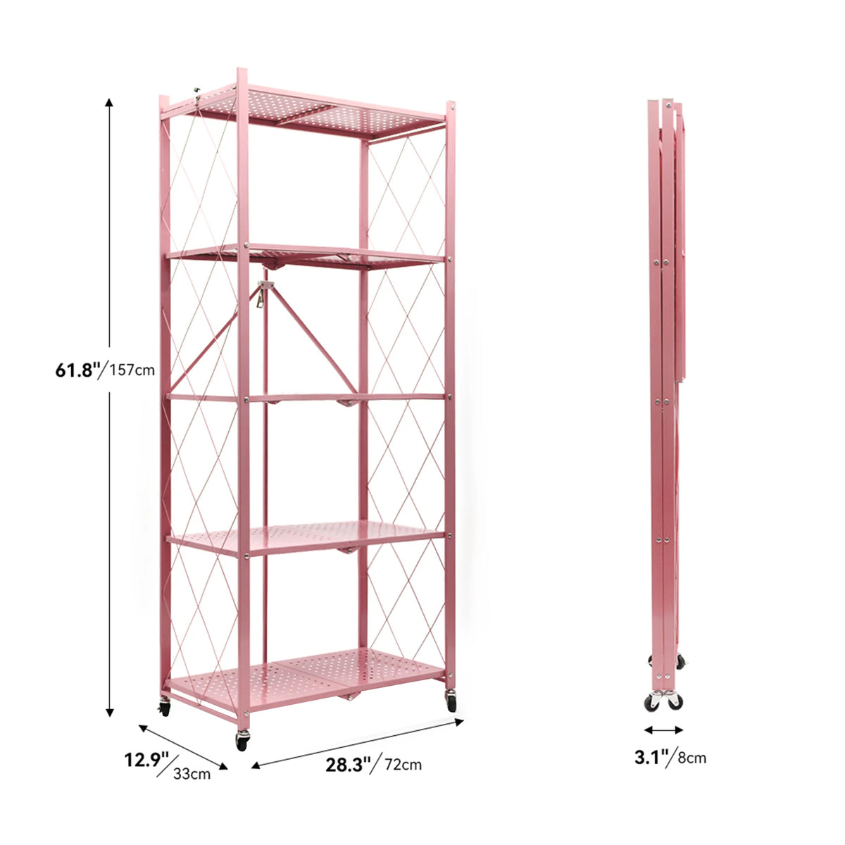Foldable Storage Shelf with Wheels, No Assembly Metal Rolling Storage Rack, Collapsible Utility Organizer Shelving Unit for Kitchen Bedroom Living Room