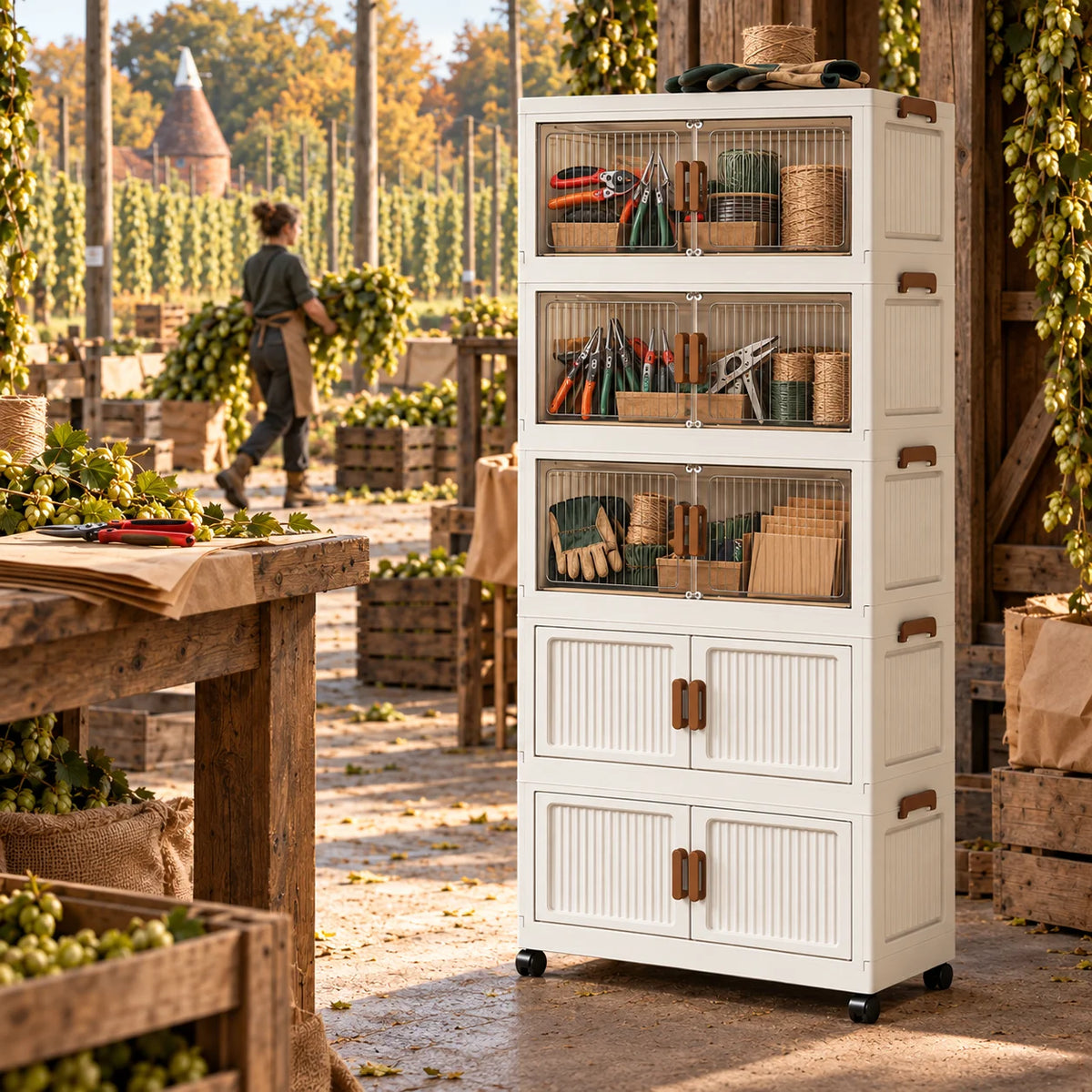 White Foldable Rolling Storage Cabinet with Double Doors, 3/4/5-Tier Organizer for Gardening Tools, Craft Supplies, Utility Room & Workshop