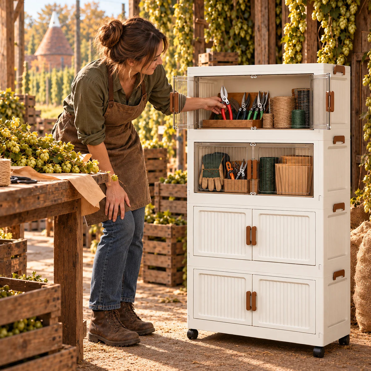 White Foldable Rolling Storage Cabinet with Double Doors, 3/4/5-Tier Organizer for Gardening Tools, Craft Supplies, Utility Room & Workshop