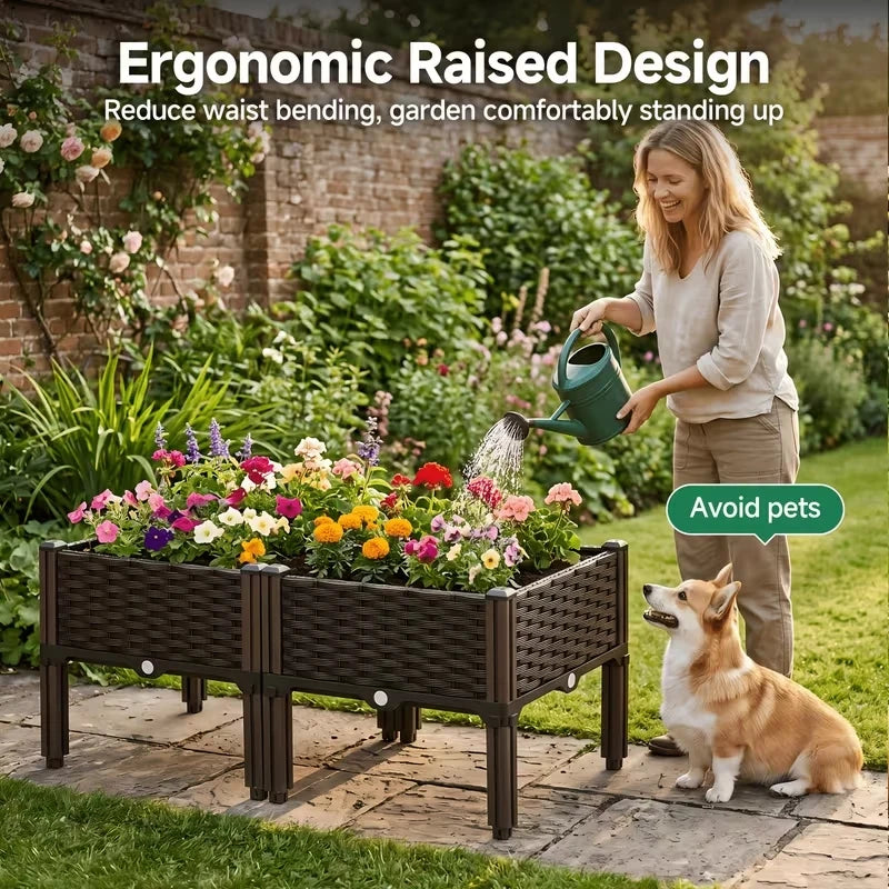 Elevated Raised Garden Bed, Splicable Plastic Planter Box with Drainage Holes, Outdoor Raised Growing Container for Flowers, Vegetables and Herbs, Great for Balcony, Patio and Backyard Garden