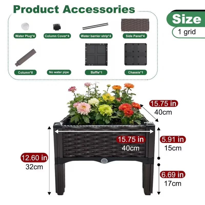 Elevated Raised Garden Bed, Splicable Plastic Planter Box with Drainage Holes, Outdoor Raised Growing Container for Flowers, Vegetables and Herbs, Great for Balcony, Patio and Backyard Garden