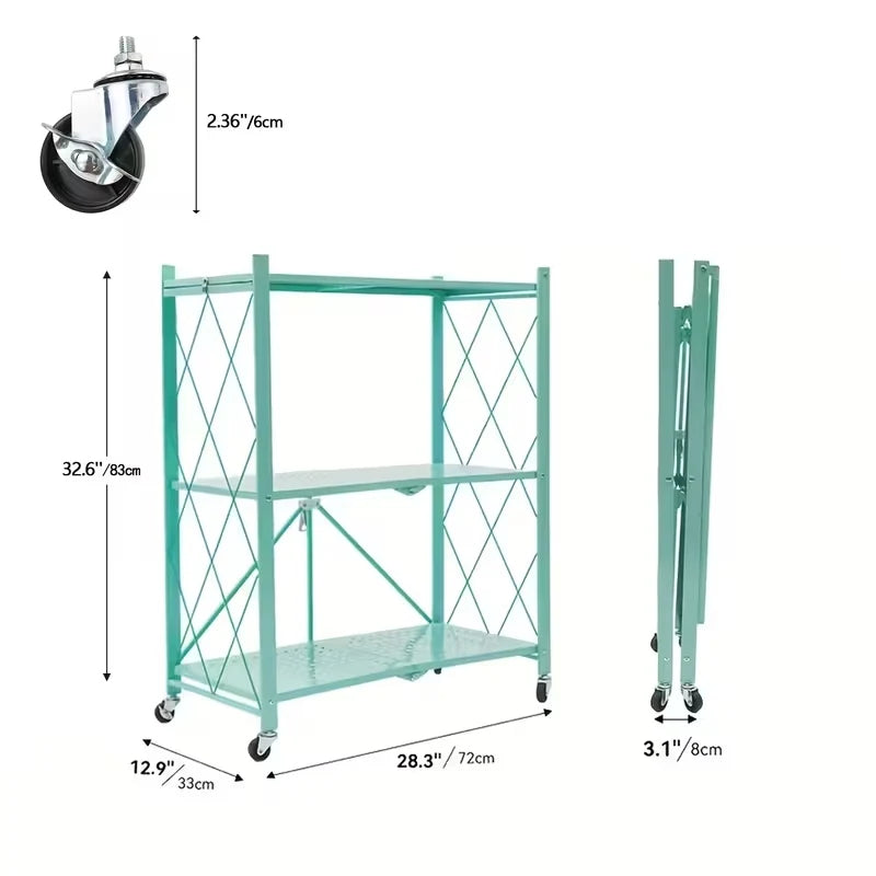 Foldable Storage Shelf with Wheels, No Assembly Metal Rolling Storage Rack, Collapsible Utility Organizer Shelving Unit for Kitchen Bedroom Living Room