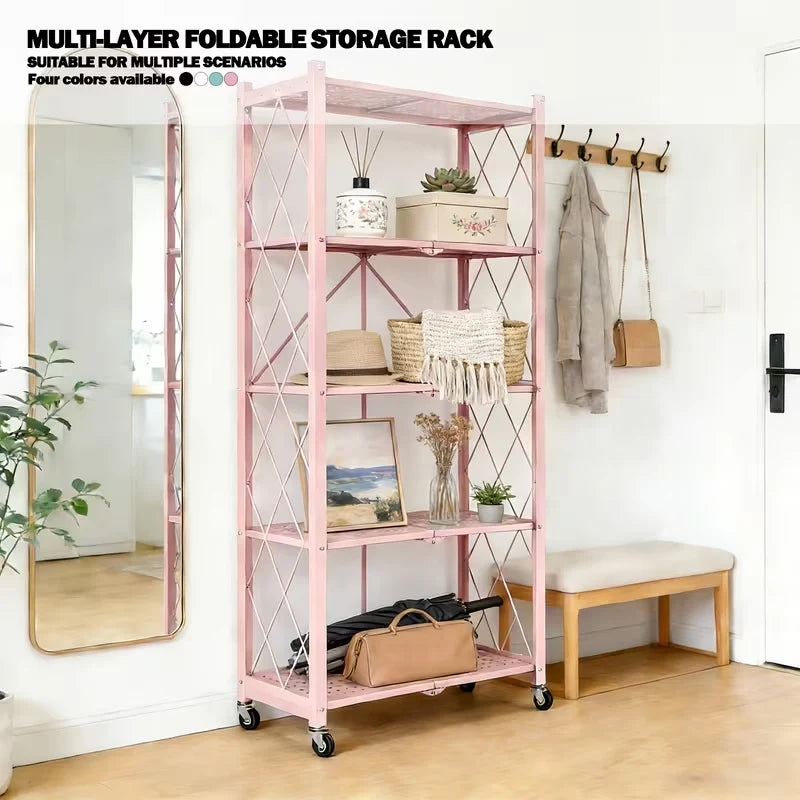 Foldable Storage Shelf with Wheels, No Assembly Metal Rolling Storage Rack, Collapsible Utility Organizer Shelving Unit for Kitchen Bedroom Living Room