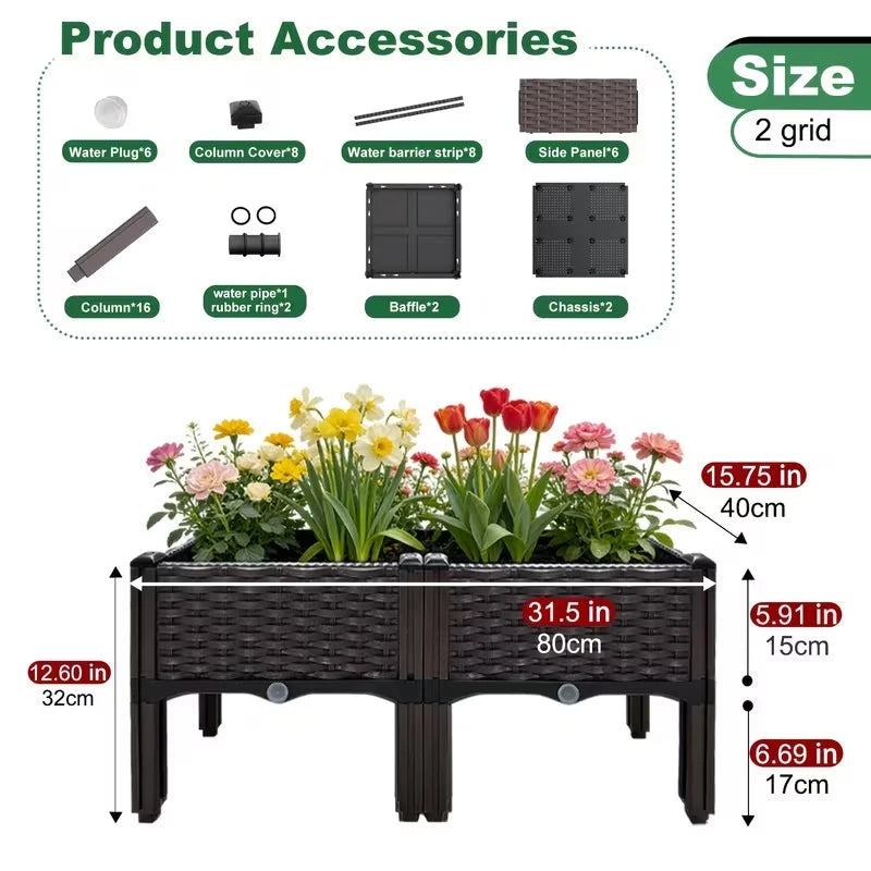 Elevated Raised Garden Bed, Splicable Plastic Planter Box with Drainage Holes, Outdoor Raised Growing Container for Flowers, Vegetables and Herbs, Great for Balcony, Patio and Backyard Garden