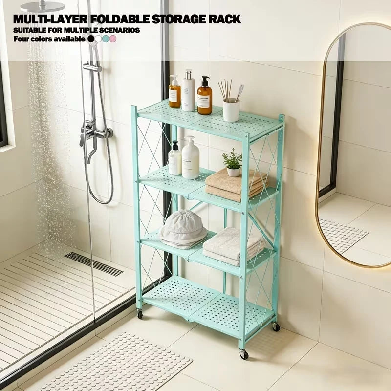Foldable Storage Shelf with Wheels, No Assembly Metal Rolling Storage Rack, Collapsible Utility Organizer Shelving Unit for Kitchen Bedroom Living Room