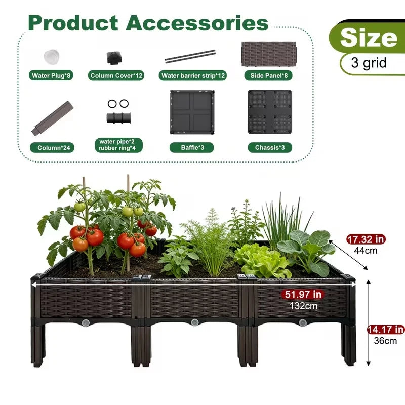 Elevated Raised Garden Bed, Splicable Plastic Planter Box with Drainage Holes, Outdoor Raised Growing Container for Flowers, Vegetables and Herbs, Great for Balcony, Patio and Backyard Garden