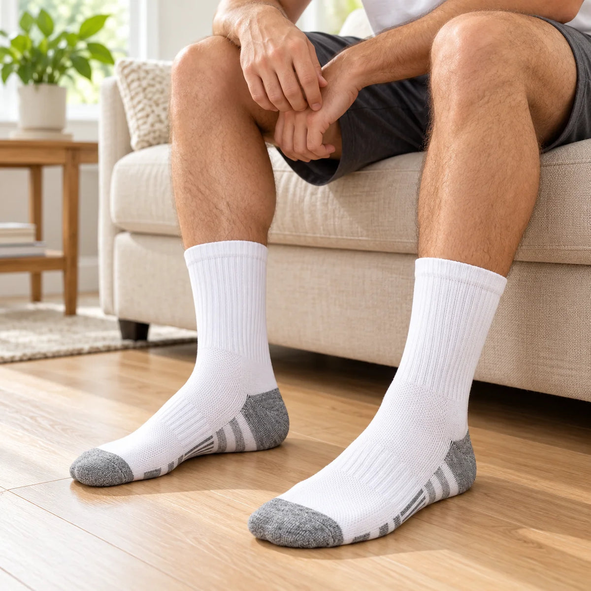 3 Pairs White Crew Socks Polyester-Cotton Single-Needle Knit with Gray Heel and Toe for Men Women Casual Wear Best Choice 2026