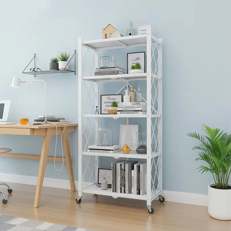 Foldable Storage Shelf with Wheels, No Assembly Metal Rolling Storage Rack, Collapsible Utility Organizer Shelving Unit for Kitchen Bedroom Living Room