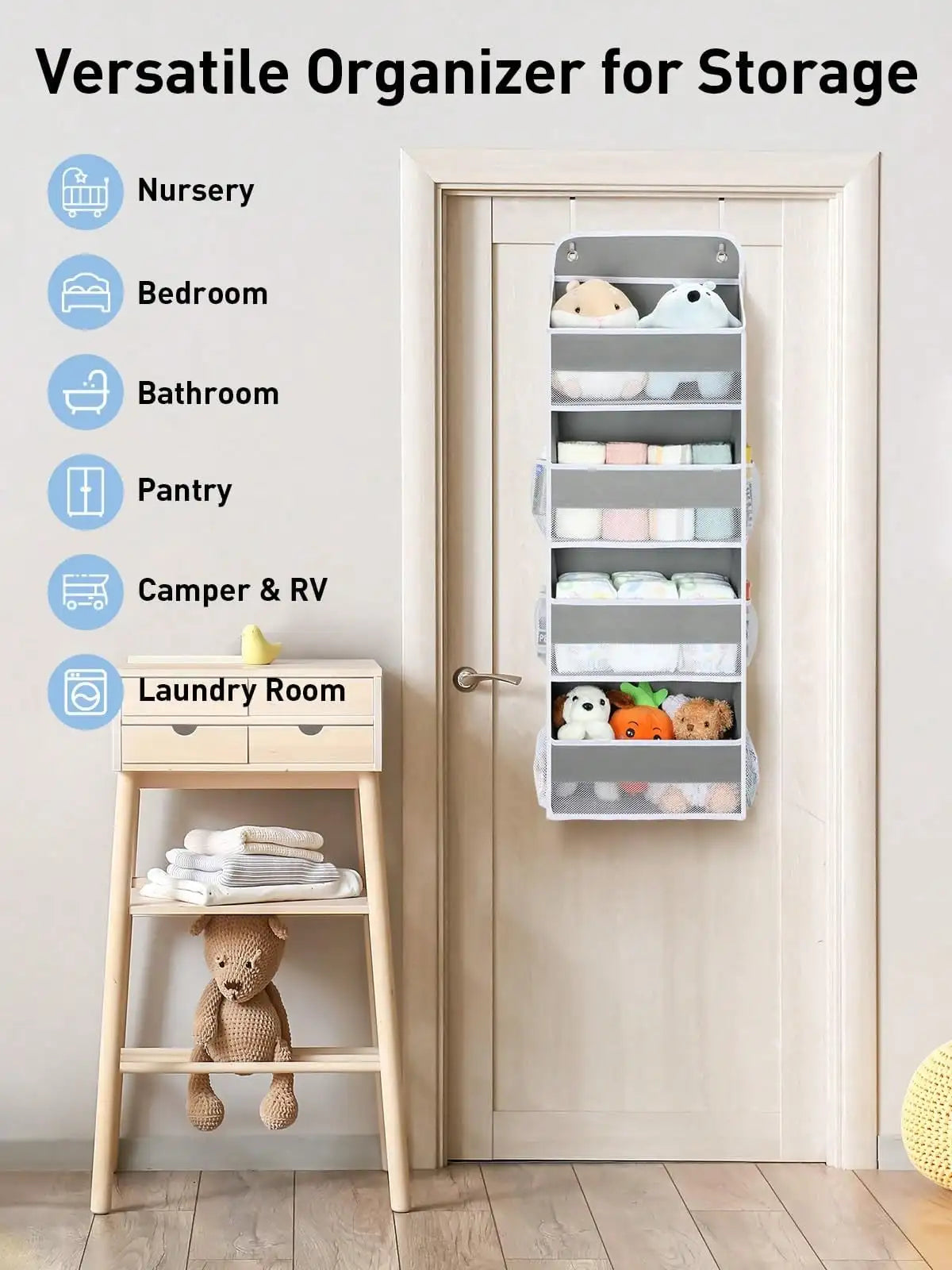 Over The Door Organizer, 35.2lbs Load Stuffed Animal Storage Hanging, Swing-Proof Bathroom Organizers And Storage With 4 Bins 6 Side Pockets For