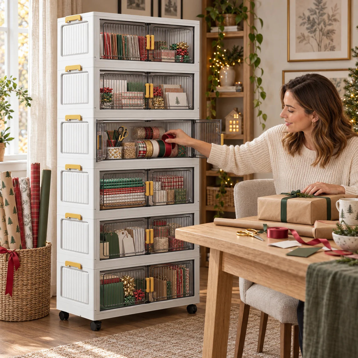 Rolling Storage Cabinet with Smoky Translucent Double Doors, 3–6 Tier Foldable Organizer with Wheels for Gift Wrap, Crafts, Home Office, Bedroom and Living Room