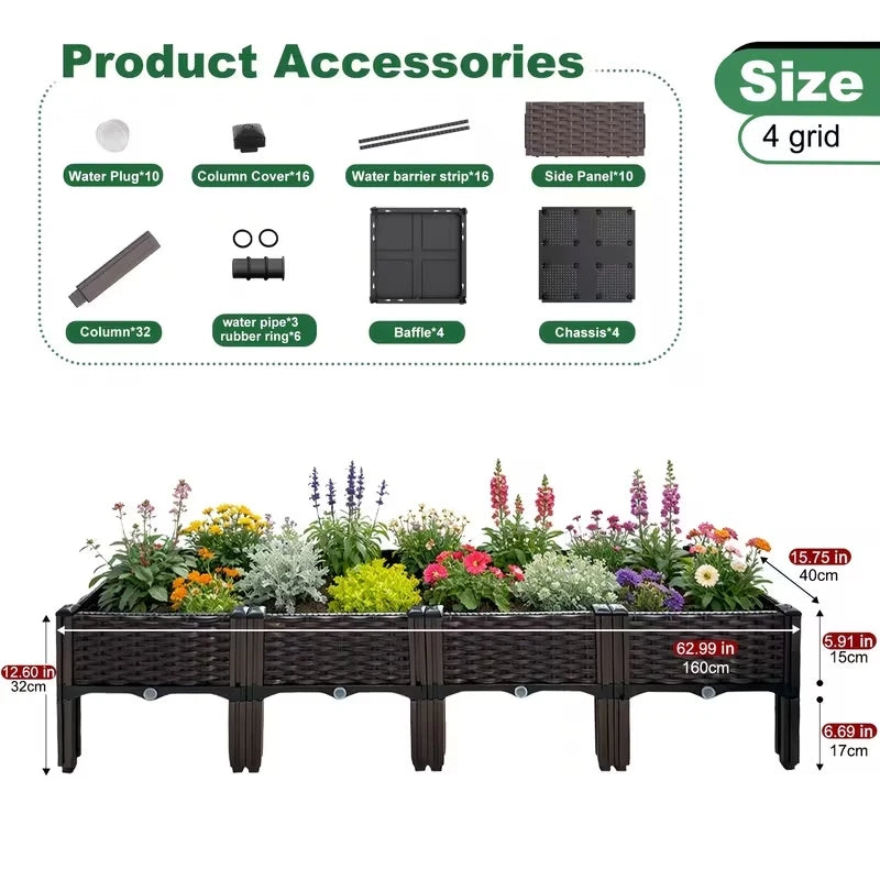 Elevated Raised Garden Bed, Splicable Plastic Planter Box with Drainage Holes, Outdoor Raised Growing Container for Flowers, Vegetables and Herbs, Great for Balcony, Patio and Backyard Garden