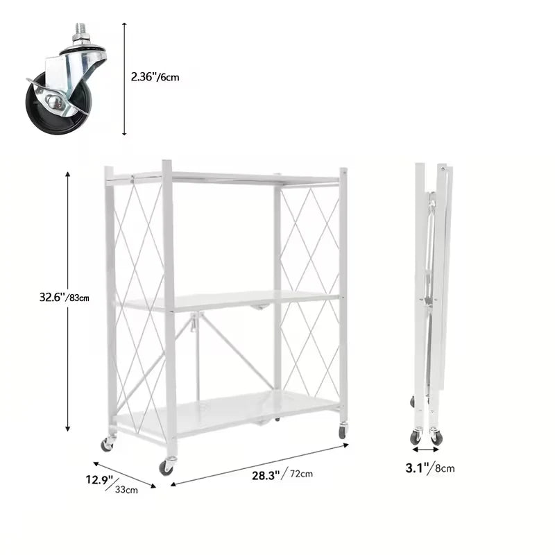 Foldable Storage Shelf with Wheels, No Assembly Metal Rolling Storage Rack, Collapsible Utility Organizer Shelving Unit for Kitchen Bedroom Living Room
