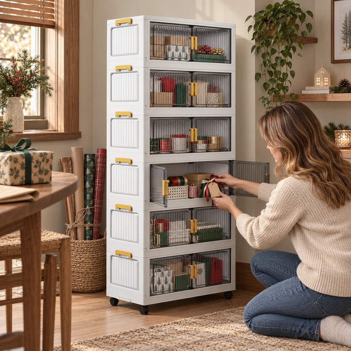 Rolling Storage Cabinet with Smoky Translucent Double Doors, 3–6 Tier Foldable Organizer with Wheels for Gift Wrap, Crafts, Home Office, Bedroom and Living Room