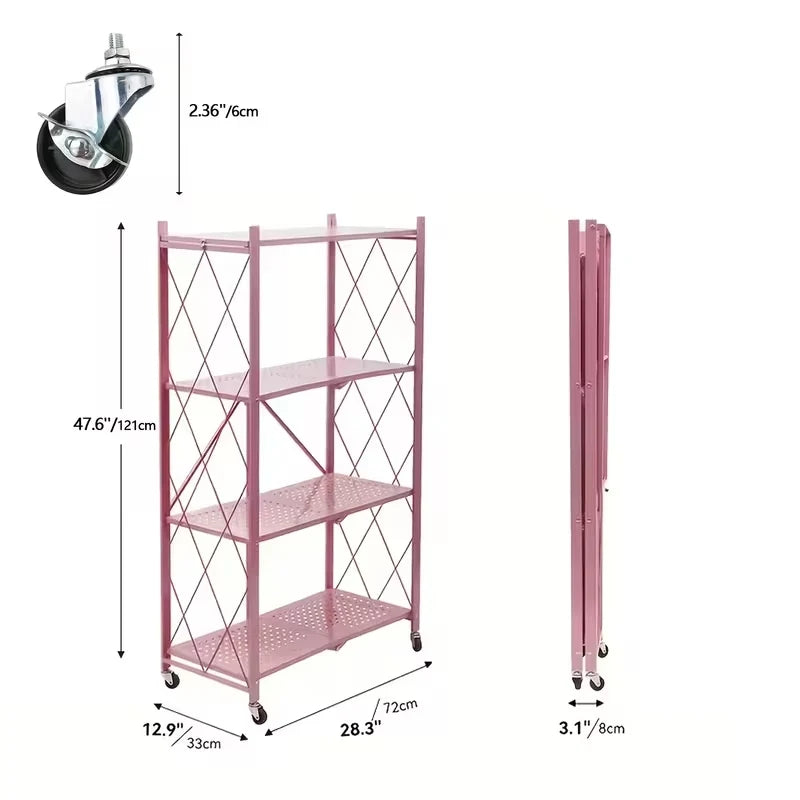 Foldable Storage Shelf with Wheels, No Assembly Metal Rolling Storage Rack, Collapsible Utility Organizer Shelving Unit for Kitchen Bedroom Living Room