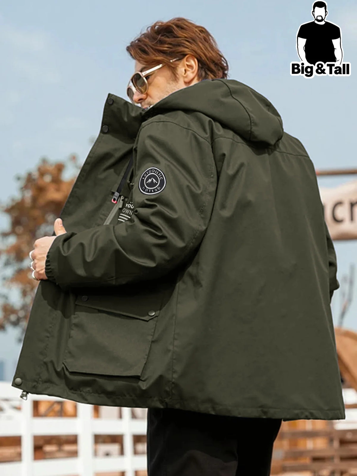 Men's Plus Size Multi-Pocket Hooded Drawstring Windbreaker Jacket, Sports Casual Outdoor Workwear Loose Jacket Hiking Clothes