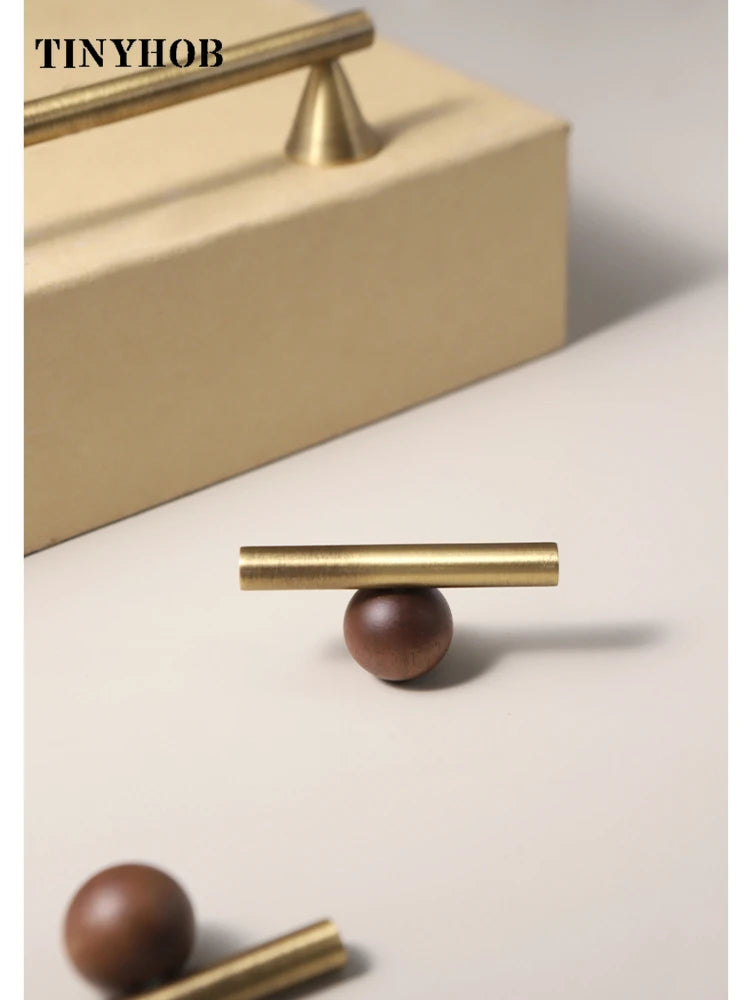 Bronze Brass + Walnut Wood  Cabinet Handle and Knob Drawer Knobs T Bar Bedroom Kitchen Cupboard Hardware / Drawer Handles