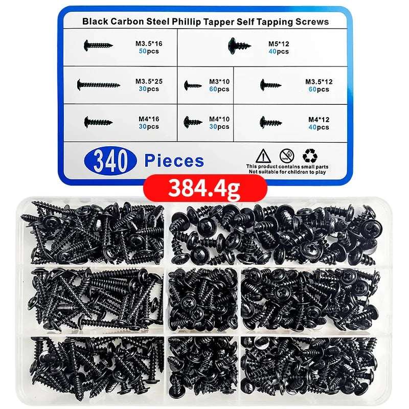 340pcs/Box Cross Head Self Tapping Screws Set Pan Head Tapping Screw  Assortment Kit Black Furniture Carbon Steel M3/M3.5/M4/M5