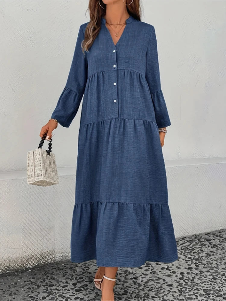 Simple V-neck Long Dress Button Solid Color Loose Long Dress Lady Trendy Elegant Long Skirt Trend Clothes For Lady High Street