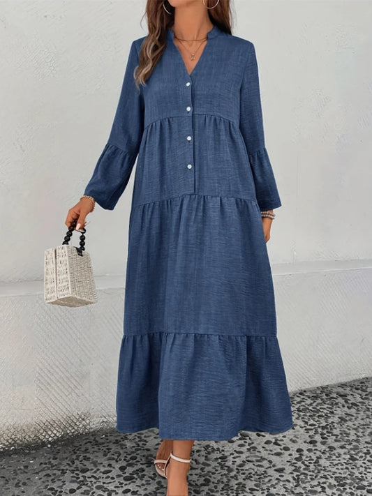 Simple V-neck Long Dress Button Solid Color Loose Long Dress Lady Trendy Elegant Long Skirt Trend Clothes For Lady High Street