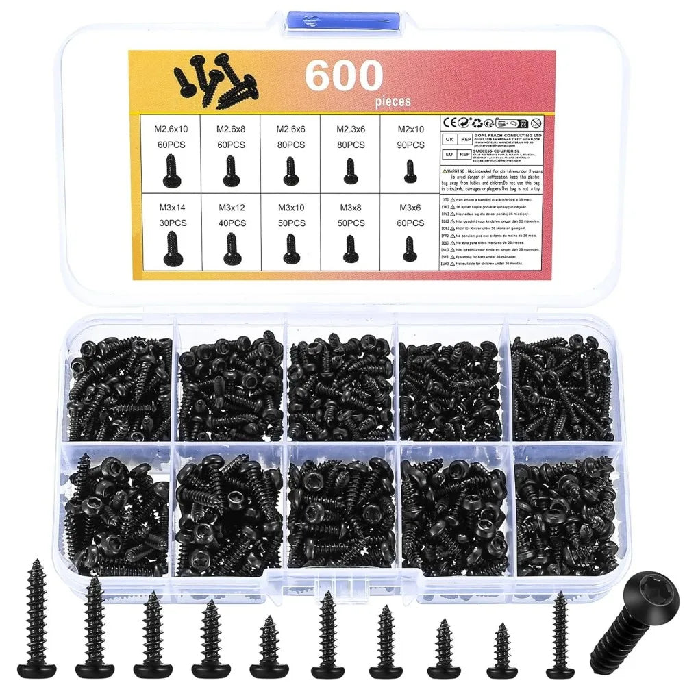 600Pcs M2 M3 M2.6 M2.3 Torx Pan Head Self Tapping Screws Set Small Black Round Head Torx Screw Carbon Steel Screws Hardware Tool