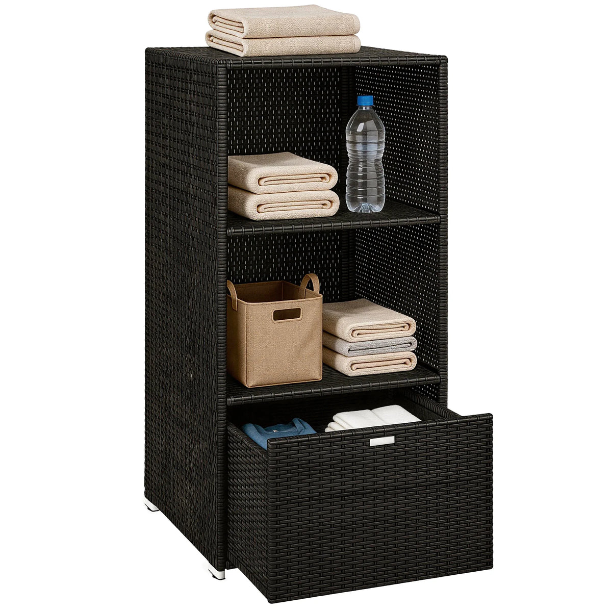 Outsunny PE Rattan Pool Towel Rack Basket with 2 Storage Shelves for Outdoor Garden Beach House