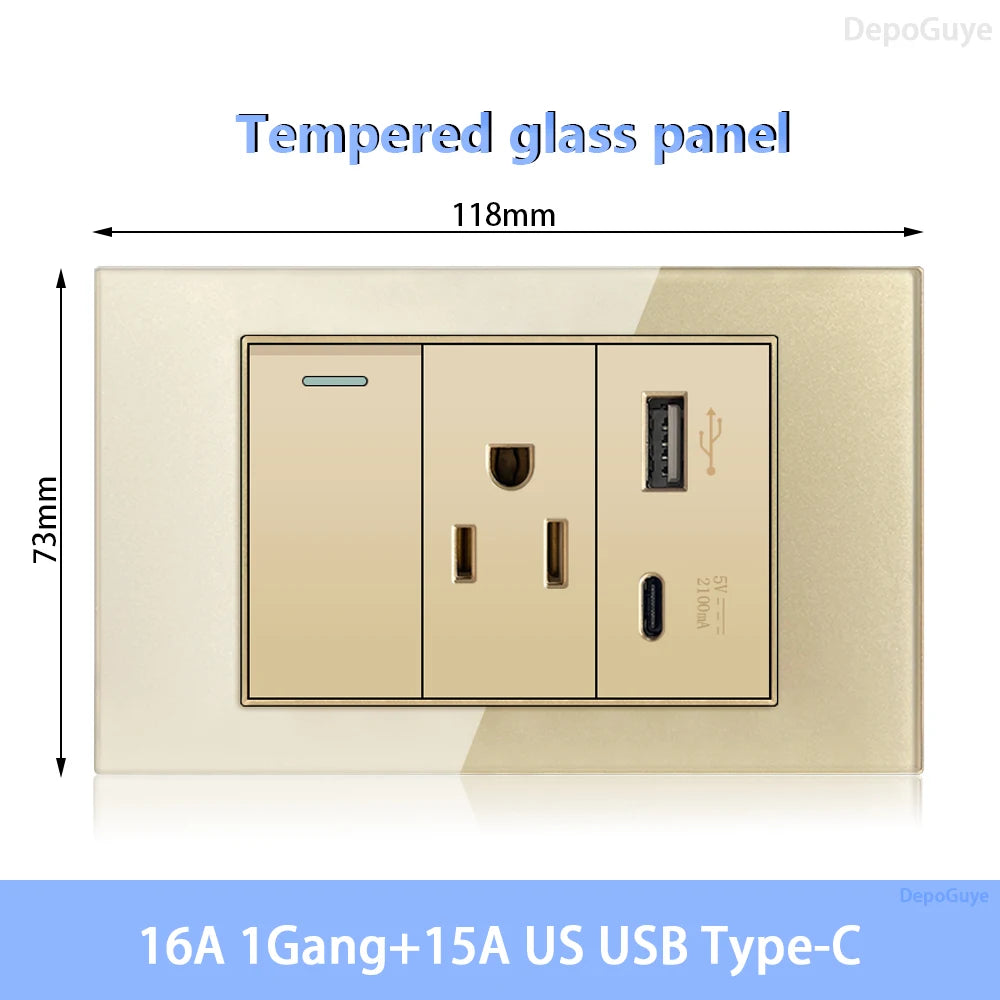 American Standard Dual Wall Usb Plug Socket, Household Mexico US Tempered Glass Light Switch Outlet Adapter Type-C Fast Charging