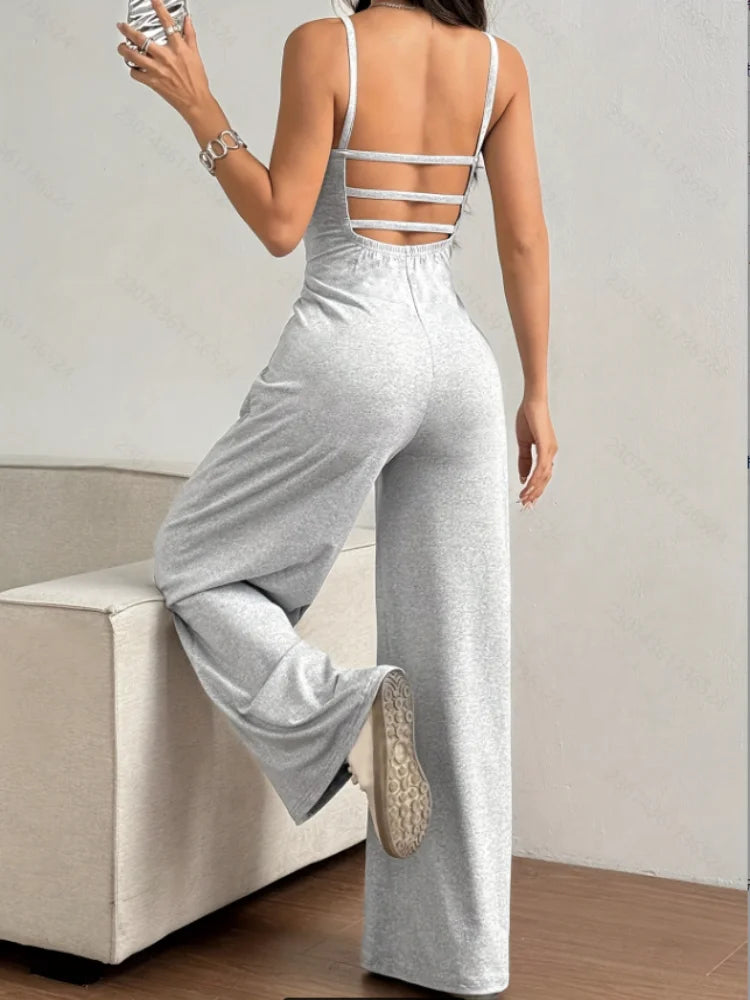 Women's Casual Halter Jumpsuit Spring and Summer Daily Solid Slim-Fit Backless Sleeveless Jumpsuit Lady's Floor-Length Trousers