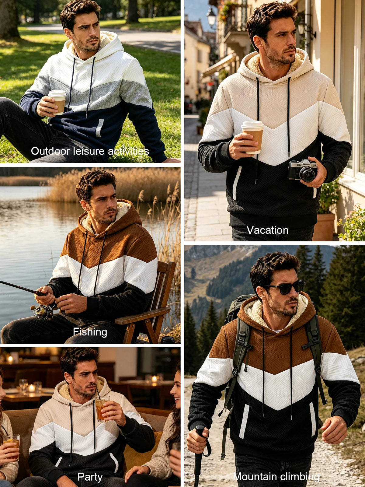 Men's Hooded Pullover Sweatshirt Sherpa Lined Chevron Colorblock Winter Warm Fleece Hoodie Sweatshirt Zipper Pockets Casual Daily Wear