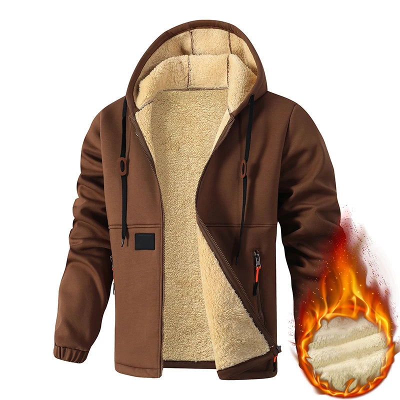 Men Fleece Lined Hooded Sweatshirt Thick Sherpa Lined Zip Up Hoodie Hiking Jacket Zipper Pockets Winter Thermal Casual Outerwear