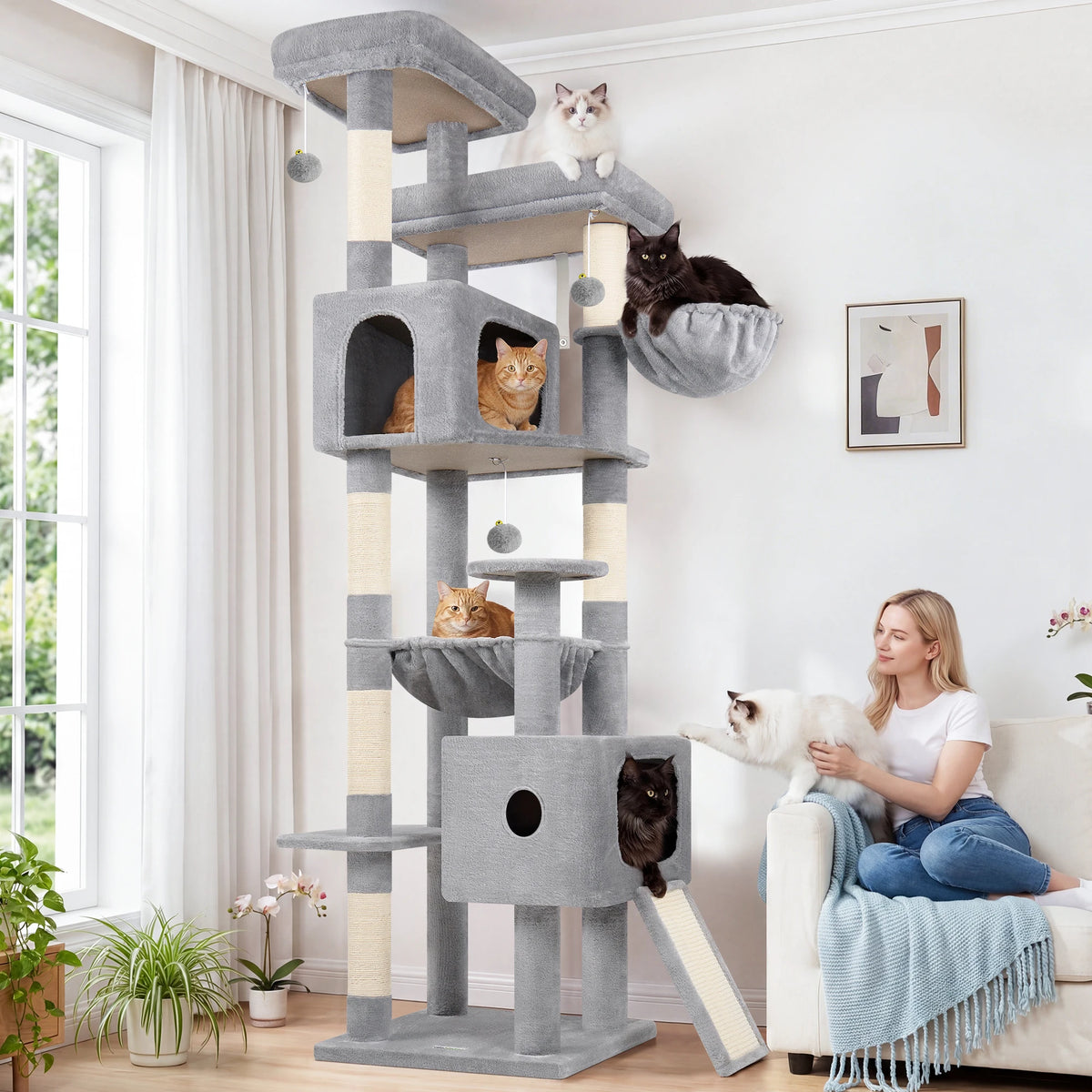 Globlazer 80" Large Cat Tree Tower for Indoor Cats, Multi-Level Cat Climbing Activity Center with 2 Condos, 2 Hammocks, 3 Perches, Sisal Scratching Posts for 2-3 Medium Large Cats