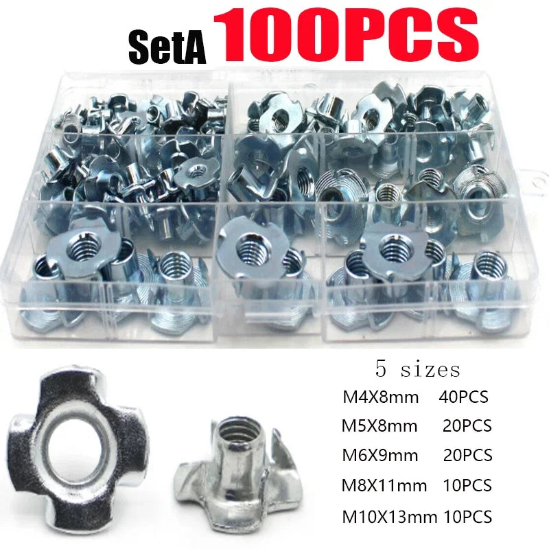 100/210Pcs Galvanized Four-Claw Nuts, Carbon Steel Four-Point Impact Nuts, Suitable For Wooden Furniture Maintenance M4-M10