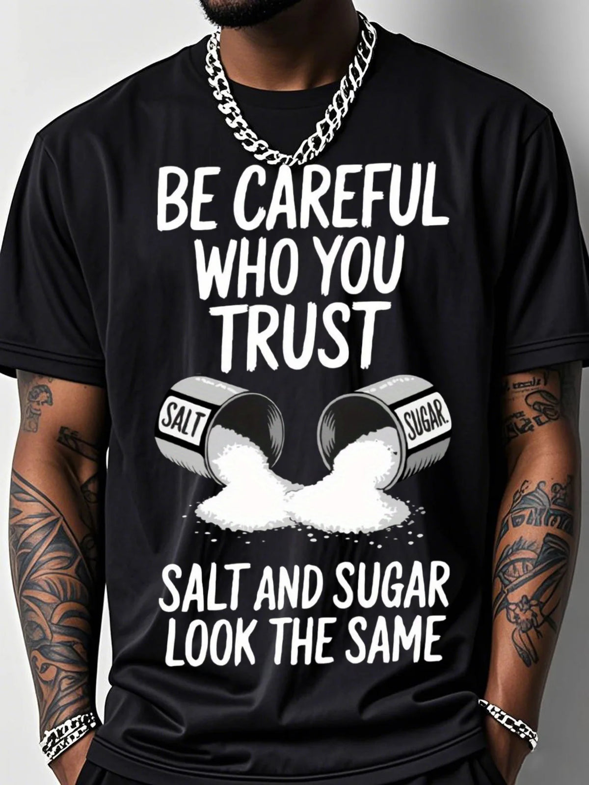 Men'S Fun Fitness T-Shirt with Salt and Sugar Trust Pattern | Black Crew Neck Short Sleeve, Breathable, Slight Stretch, Geometric Pattern, Humorous Salt Theme Design, Ideal for Summer