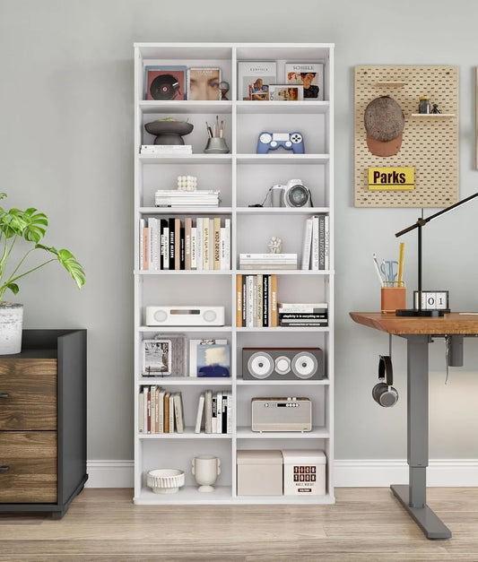 16-Shelf DVD Tower Storage Rack, Adjustable Media Shelves, 8-Tier Stand for Home Office