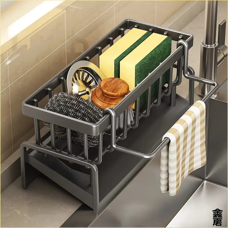 Black Thickened Metal Kitchen Sink Organizer with Drain Tray Rustproof Sponge Brush Soap Caddy Space Saving for Kitchen Bathroom