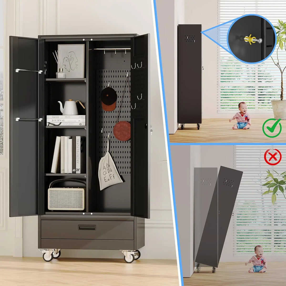31.5 Inch Wide Metal Garage Storage Cabinet on Wheels with 1 Drawer And 3 Adjustable Shelves Customizable Organization Solution