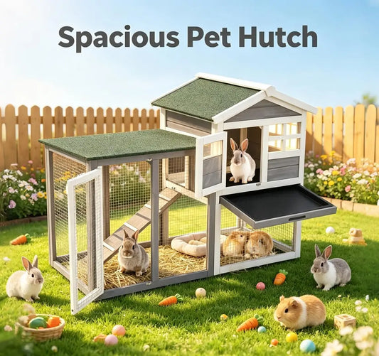 Garvee 48" 2‑Story Wooden Bunny Hutch Indoor 2-Tier With 3 Removable Trays Rabbit Cage Waterproof Roof Bunny House Outdoor Coop For Pig Small Animal Outdoor
