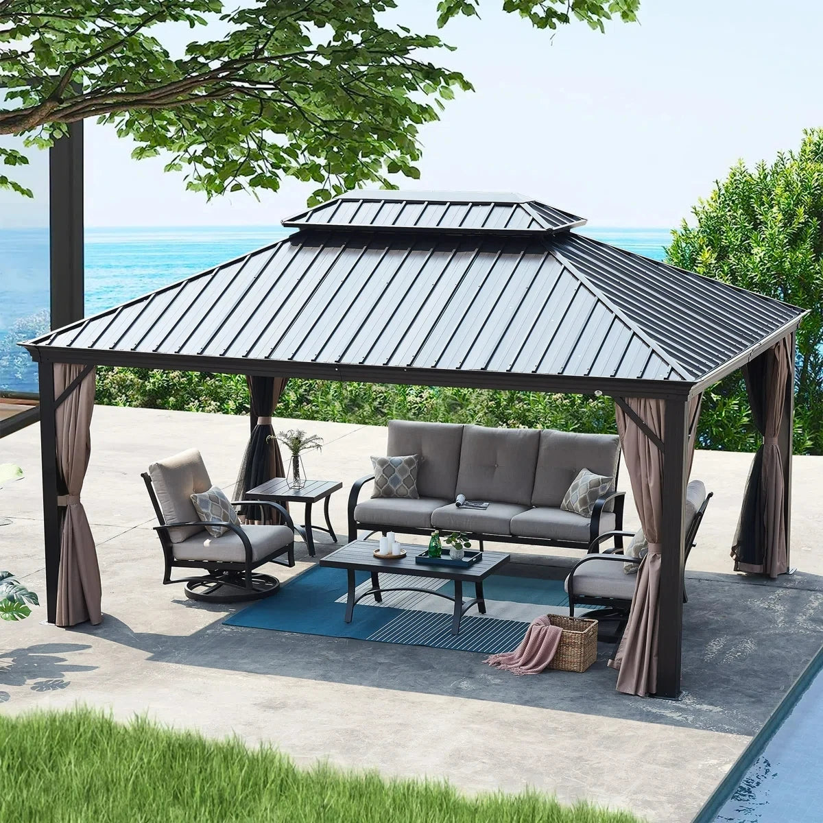 Heavy Duty Aluminum Hardtop Gazebo Galvanized Steel Double Roof Waterproof Wind UV Resistant Easy Install Garden Patio Backyard