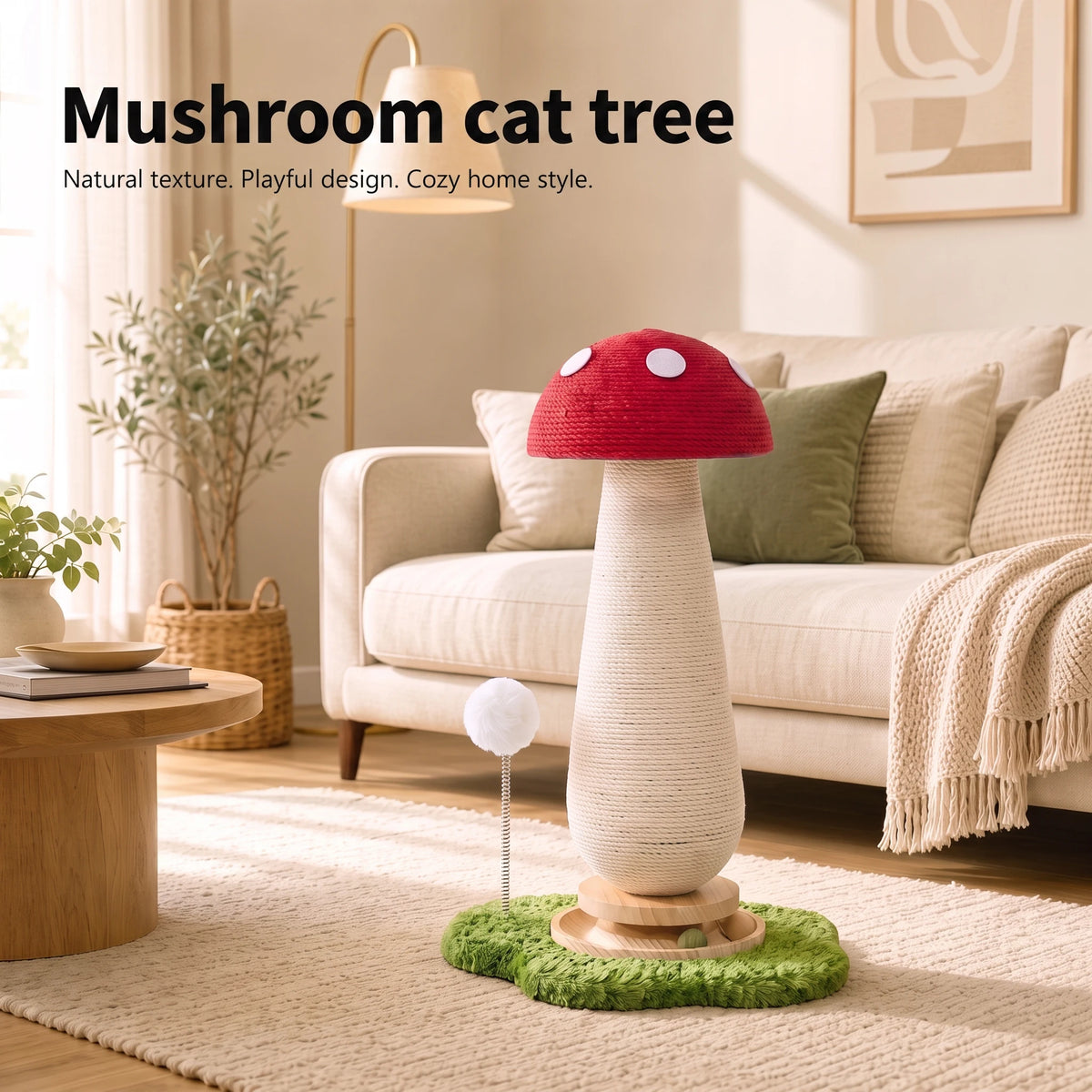 21'' Mushroom Cat Scratching Post with Sisal Rope & Interactive Turntable Ball, Compact Vertical Cat Tree for Small Spaces, Multi-Cat Homes, Apartment-Friendly Claw Protector