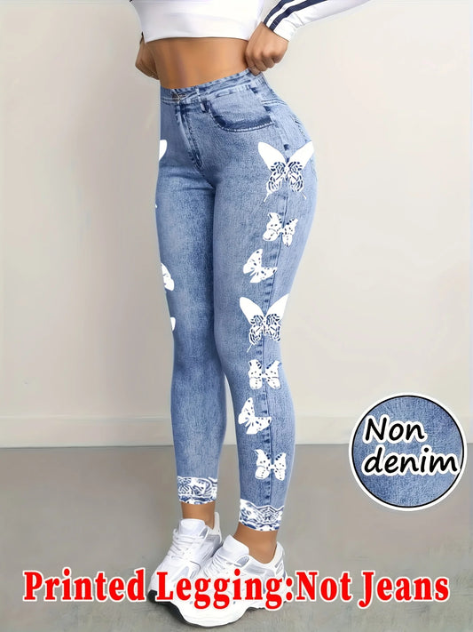 Women Printed Leggings Not Denim Fabric, Fake Pocket & Button Print Design Pants, High Elastic Fashion Slim Fit Skinny Casual