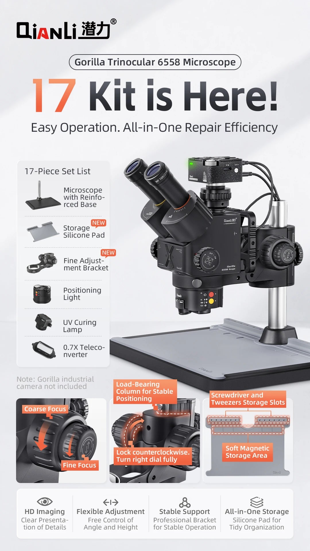 Qianli Gorilla 6558 Trinocular Microscope 6.5X-58X Zoom Industrial Thermal 4K Camera For Mobile Phones Motherboard Repair Tools