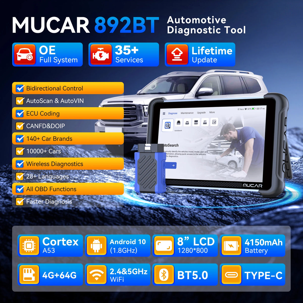 MUCAR 892BT Car Diagnostic Tool AI Full System Scanner Tool 35 Reset ECU Coding Bi-Directional CANFD&Doip Lifetime Free Update
