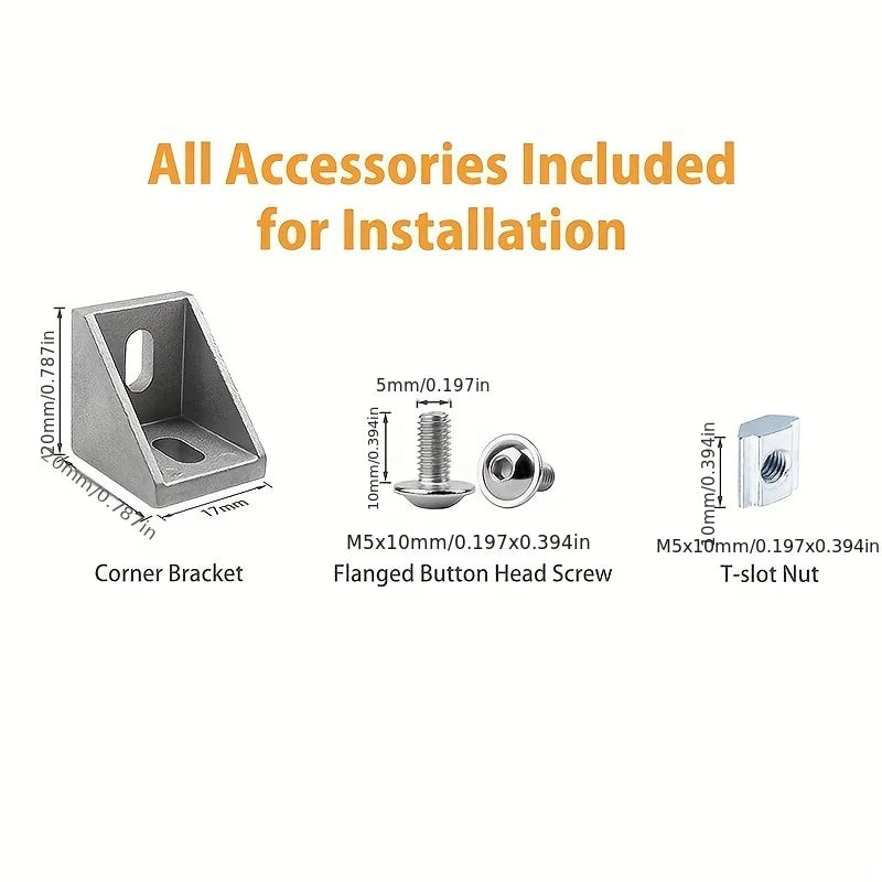100PCS 2020 Aluminum Profile Connector Set: 20pcs Corner Bracket + 40pcs 20 Series M5 T-slot Nuts + 40pcs M5x8mm Hex Socket Cap